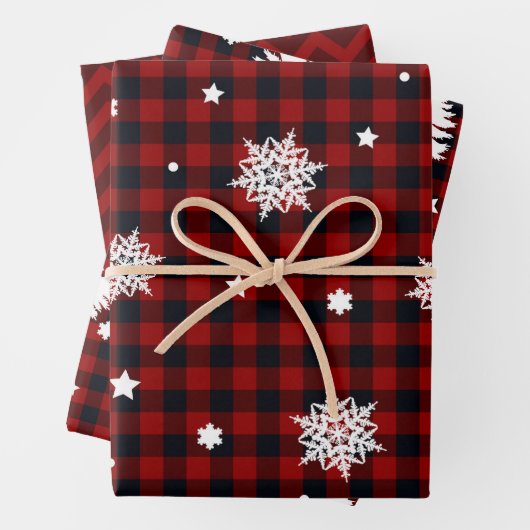 Weihnachtsbäume Rot Schwarz Kariert Zickzack Geschenkpapier Set (Beispiel)