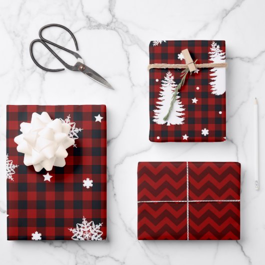 Weihnachtsbäume Rot Schwarz Kariert Zickzack Geschenkpapier Set (Vorderseite)