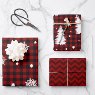Weihnachtsbäume Rot Schwarz Karo Chevron Geschenkpapier Set
