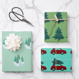 Weihnachtsbäume Rote Autos Muster Bäume Wasserfarb Geschenkpapier Set