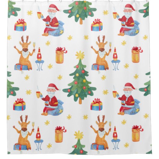 Weihnachtsbäume, Santa: Aquarellmuster. Duschvorhang (Vorderseite)