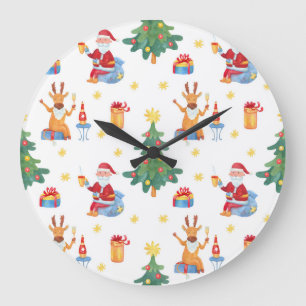Weihnachtsbäume, Santa: Aquarellmuster. Große Wanduhr