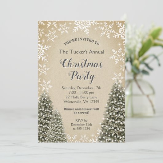 Weihnachtsbäume Schneeflocken Burlap Weihnachts-Pa Einladung (Stehend Vorderseite)