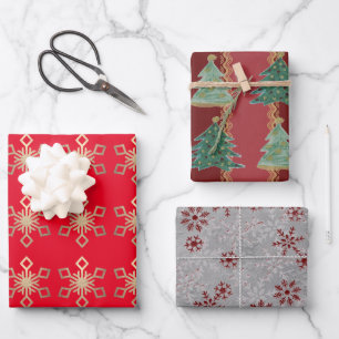 Weihnachtsbäume Schneeflocken Geschenkpapier Set