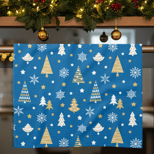 Weihnachtsbäume & Schneeflocken Muster Blau Geschirrtuch