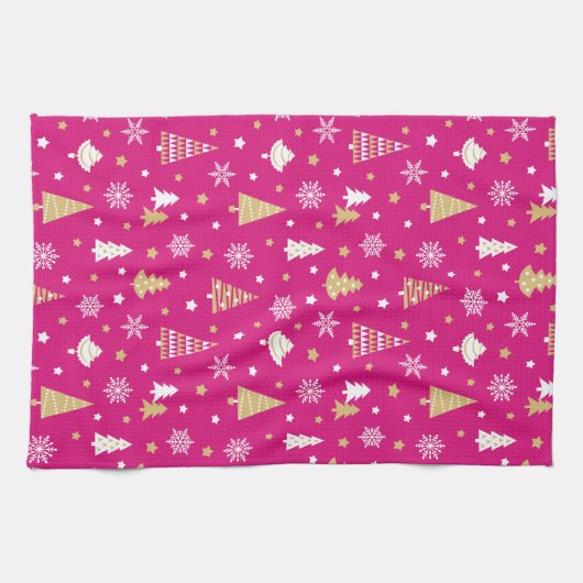 Weihnachtsbäume Schneeflocken Muster Rosa Geschirrtuch (Horizontal)