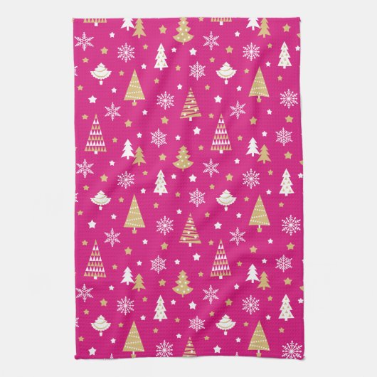 Weihnachtsbäume Schneeflocken Muster Rosa Geschirrtuch (Vertikal)