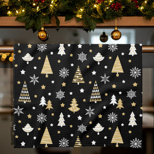 Weihnachtsbäume & Schneeflocken Muster Schwarz Geschirrtuch