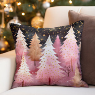 Weihnachtsbäume Schneeflocken Nachthimmel Pink Gol Kissen
