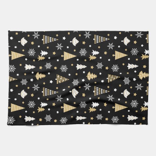 Weihnachtsbäume Schneeflocken Schwarz Geschirrtuch (Horizontal)