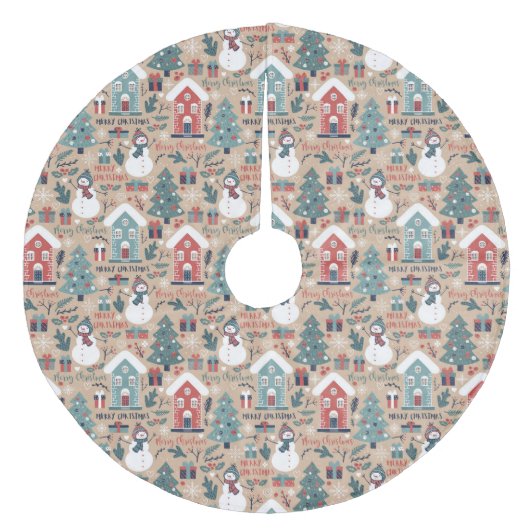 Weihnachtsbäume, Schneemänner, Geschenke und Häuse Fleece Weihnachtsbaumdecke (Vorderseite)