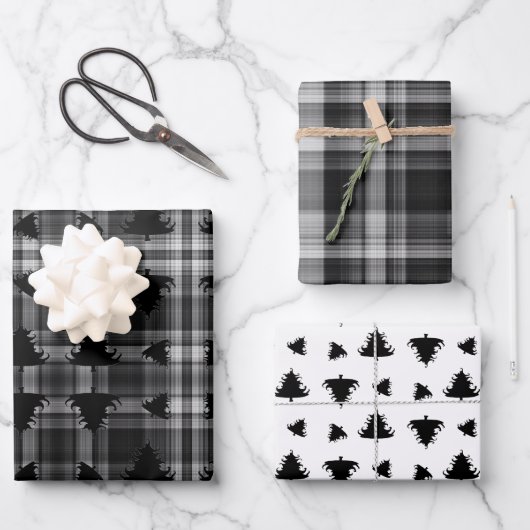 Weihnachtsbäume Schwarz Kariert Geschenkpapier Set (Vorderseite)
