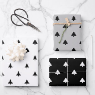 Weihnachtsbäume Schwarz-weiß grau minimalistisch Geschenkpapier Set