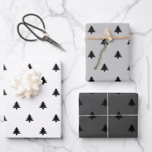 Weihnachtsbäume Schwarz-weiß grau minimalistisch  Geschenkpapier Set