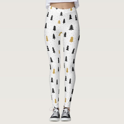 Weihnachtsbäume Schwarzes Goldmuster Leggings (Vorderseite)