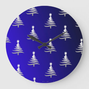 Weihnachtsbäume Silber auf Kobaltblau Große Wanduhr