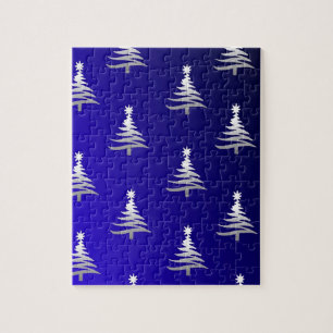 Weihnachtsbäume Silber auf Kobaltblau Puzzle