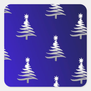 Weihnachtsbäume Silber auf Kobaltblau Quadratischer Aufkleber