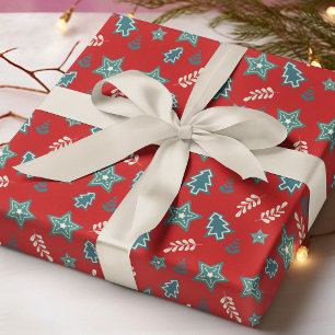 Weihnachtsbäume Sterne Floral Rot Grün Muster Geschenkpapier