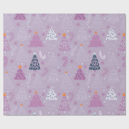 Weihnachtsbäume Tauben Schneeflocken Lila Weihnach Geschenkpapier (Flach)
