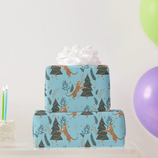 Weihnachtsbäume & Tiger Muster Blaue Hintergrundfa Geschenkpapier (Partygeschenke)