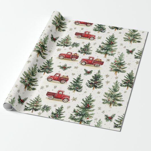 Weihnachtsbäume und alte rote Lastwagen Geschenkpapier (Ungerollt)