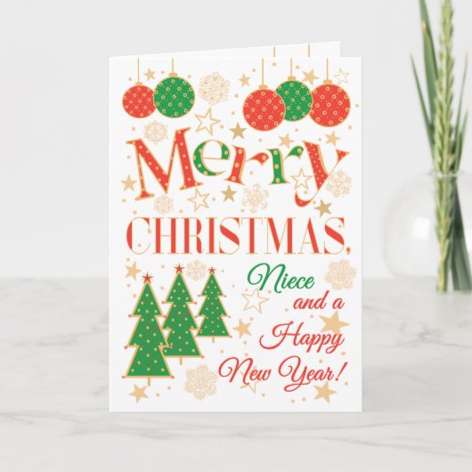 Weihnachtsbäume und -dekorationen für Nichte Karte (Vorderseite)