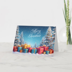 Weihnachtsbäume und Geschenkboxen Winterlandschaft Feiertagskarte