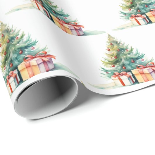 Weihnachtsbäume und Geschenke im Wasser Geschenkpapier (Rolleneckpunkt)