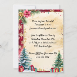 Weihnachtsbäume und goldene Schneeflocken Einladung