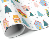 Weihnachtsbäume und Häuser auf weißem Hintergrund Geschenkpapier (Rolleneckpunkt)