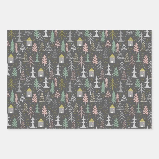 Weihnachtsbäume und Häuser in Halbpension Rosa Gel Geschenkpapier Set (Vorderseite 3)