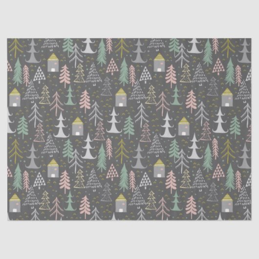 Weihnachtsbäume und Häuser in Halbpension Rosa Gel Seidenpapier (Vorderseite)