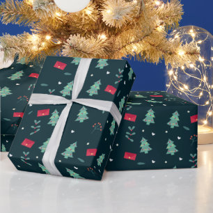 Weihnachtsbäume und Holly Modern Muster Dunkelblau Geschenkpapier
