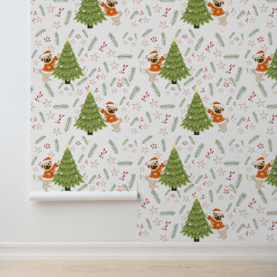Weihnachtsbäume und Mops-Hundemuster Tapete