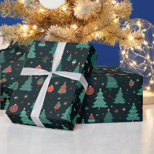 Weihnachtsbäume und Ornamente Schwarzes Weihnachts Geschenkpapier