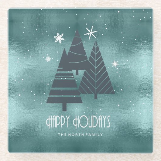 Weihnachtsbäume und Schneeflocken Aquamarin ID863 Glasuntersetzer (Vorderseite)