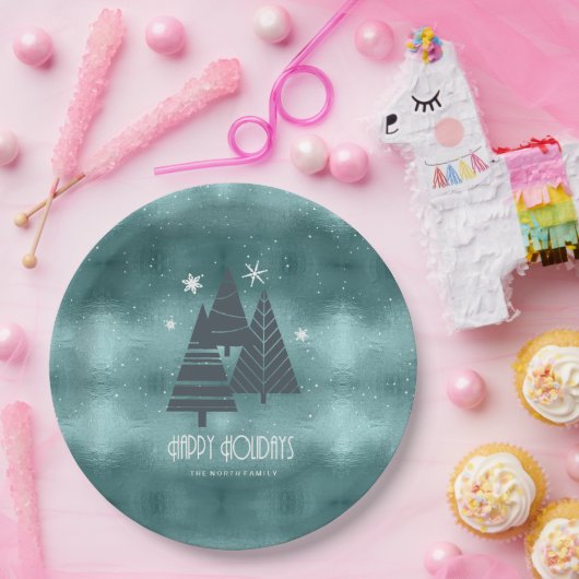 Weihnachtsbäume und Schneeflocken Aquamarin ID863 Pappteller (Party)