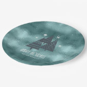 Weihnachtsbäume und Schneeflocken Aquamarin ID863 Pappteller (Schrägansicht)