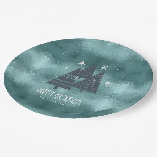 Weihnachtsbäume und Schneeflocken Aquamarin ID863 Pappteller (Schrägansicht)