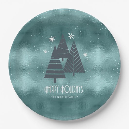 Weihnachtsbäume und Schneeflocken Aquamarin ID863 Pappteller (Vorderseite)