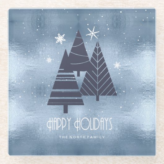 Weihnachtsbäume und Schneeflocken Blue ID863 Glasuntersetzer (Vorderseite)