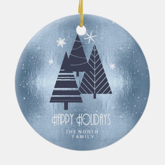 Weihnachtsbäume und Schneeflocken Blue ID863 Keramik Ornament (Hinten)