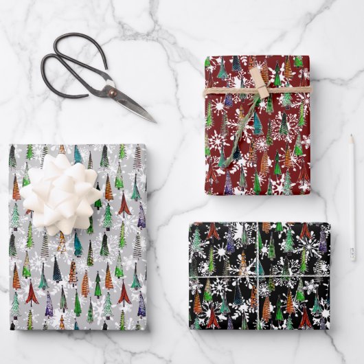 Weihnachtsbäume und Schneeflocken Geschenkpapier Set (Vorderseite)
