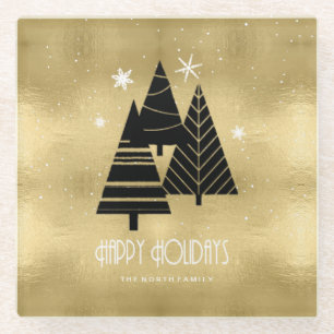 Weihnachtsbäume und Schneeflocken Gold-ID863 Glasuntersetzer