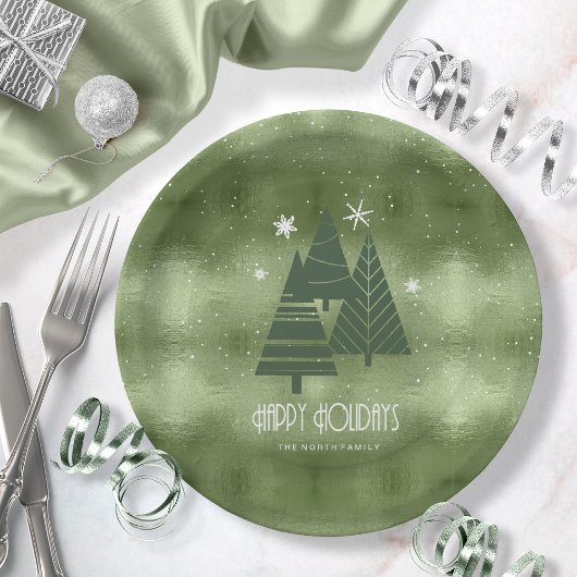 Weihnachtsbäume und Schneeflocken Grün ID863 Pappteller