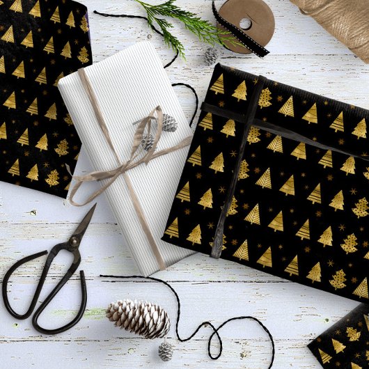 Weihnachtsbäume und Schneeflocken Muster Gold ID86 Geschenkpapier