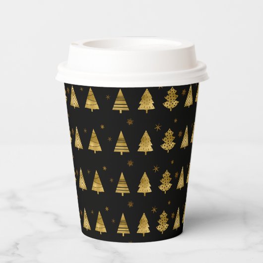 Weihnachtsbäume und Schneeflocken Muster Gold ID86 Pappbecher (Rückseite)