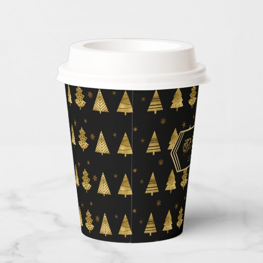 Weihnachtsbäume und Schneeflocken Muster Gold ID86 Pappbecher (Rechts)