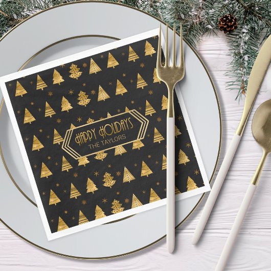 Weihnachtsbäume und Schneeflocken Muster Gold ID86 Serviette